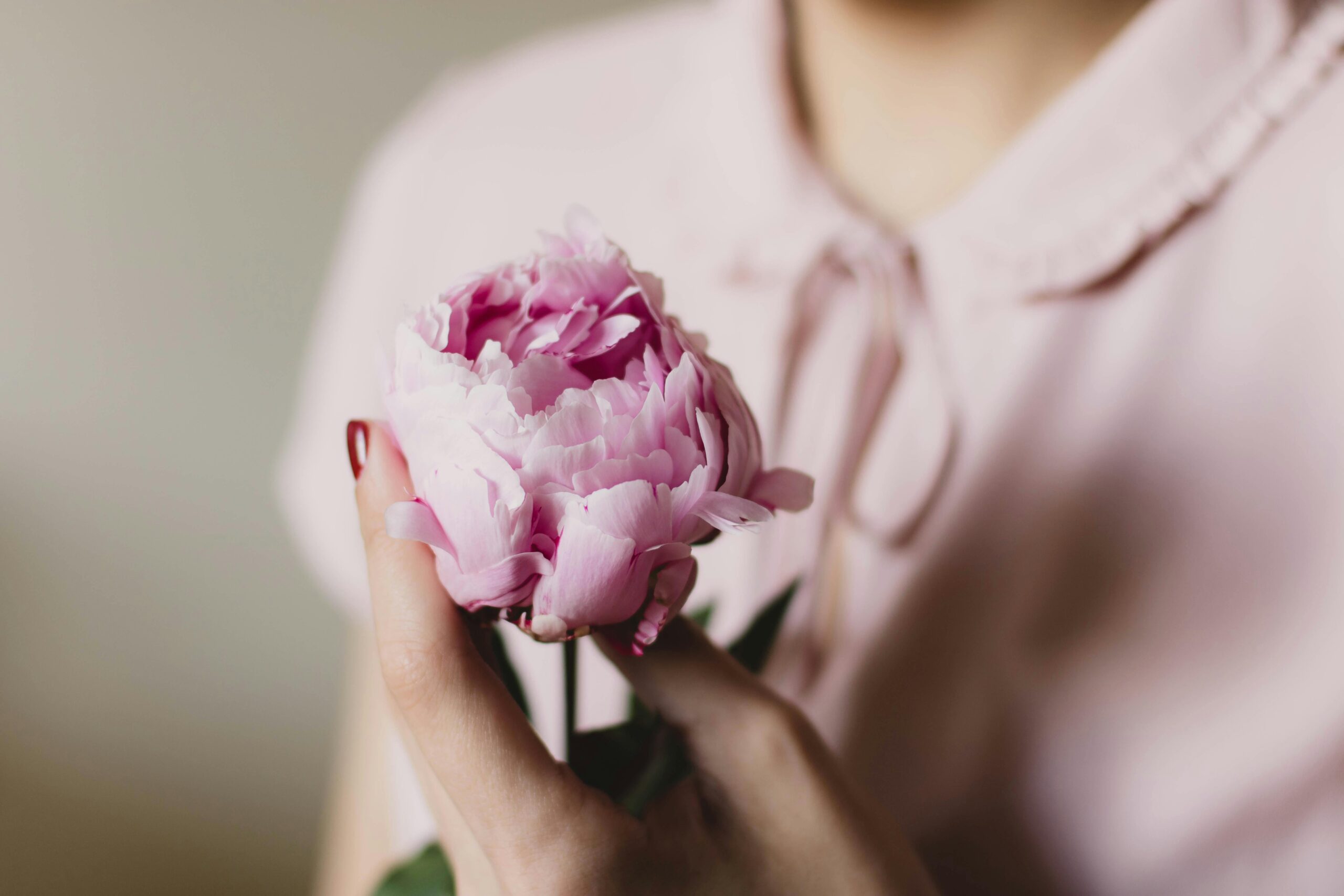 Close-up of a woman gently holding a pink peony flower, showcasing softness and elegance.